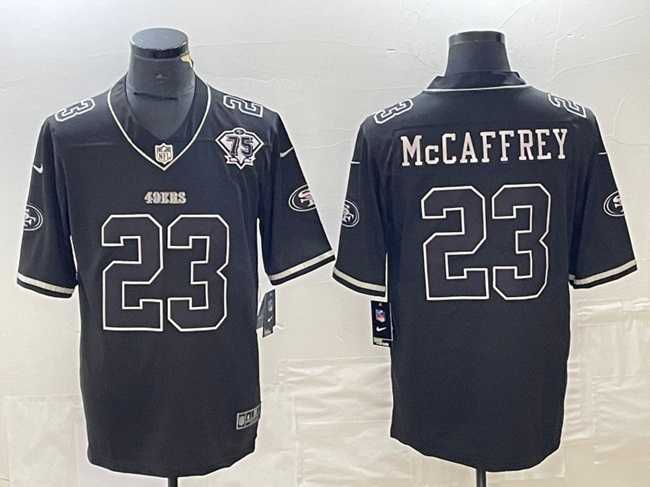 Mens San Francisco 49ers #23 Christian McCaffrey Black With 75th Anniversary Patch Football Stitched Jersey